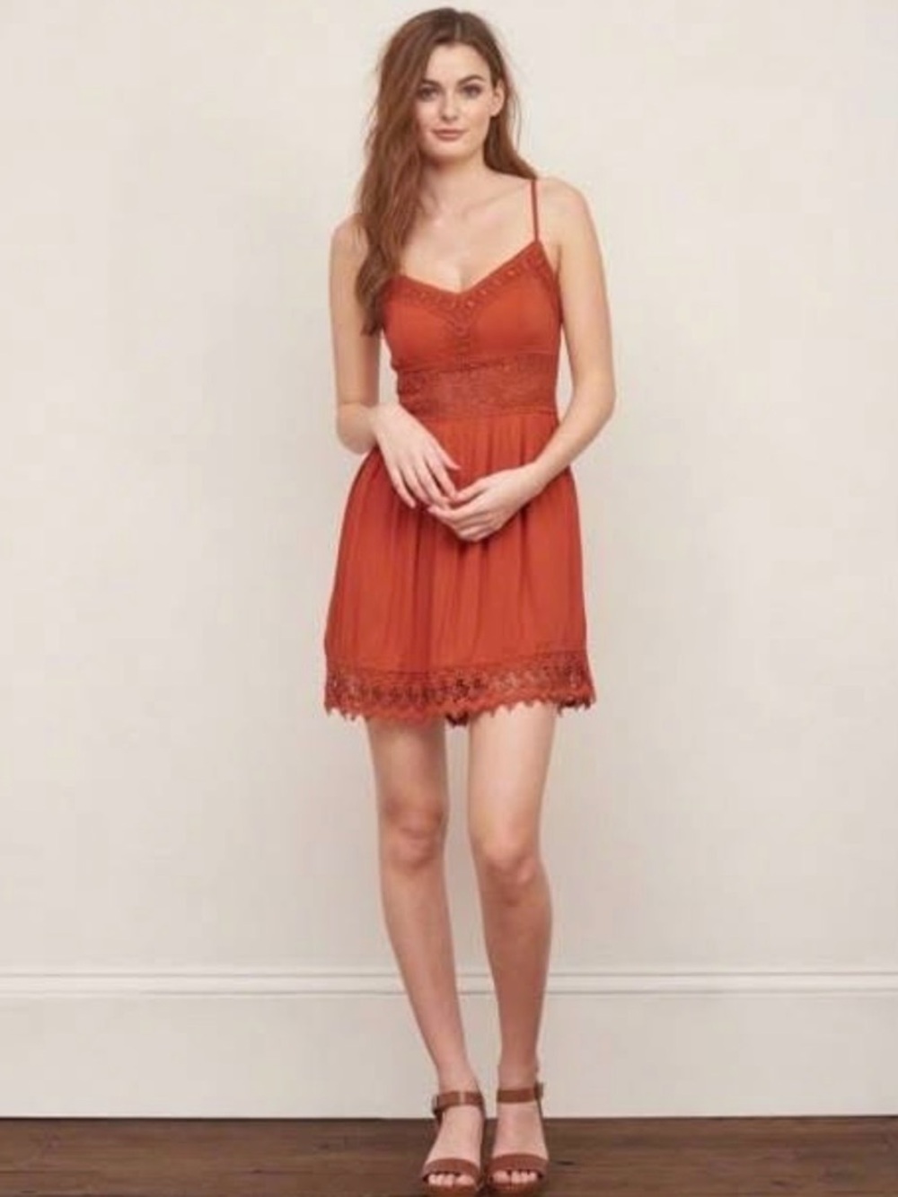 Abercrombie Rust Boho Lace Mini Dress Spaghetti Strap Sundress Size Small - Picture 3 of 13